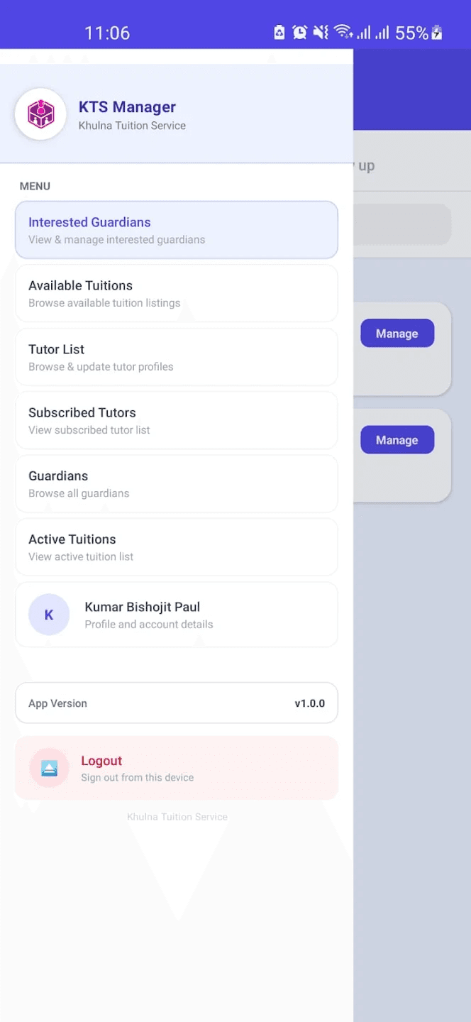 Sidebar Menu — drawer navigation with role-based menu items and user profile